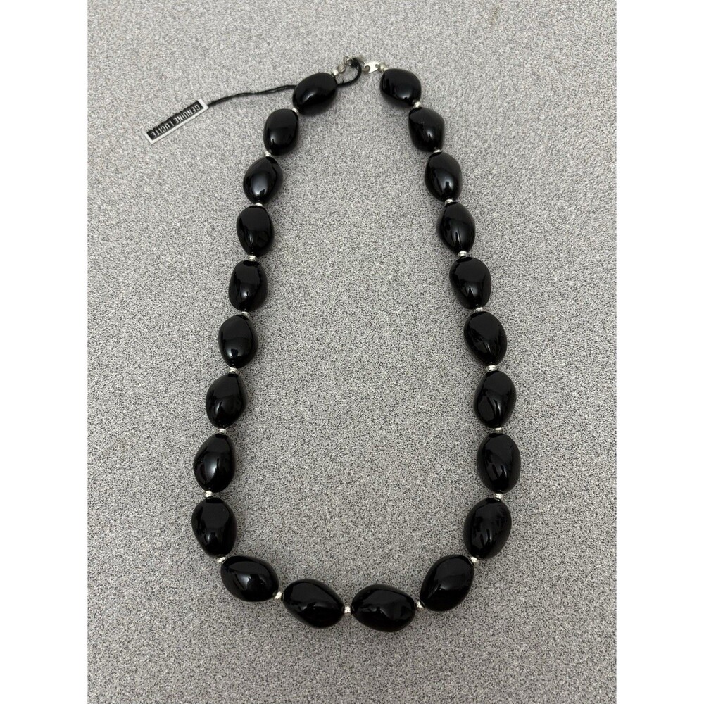 Vintage 18” Black Lucite Beads Costume Jewelry Necklace Silver Beads, Lucite Tag